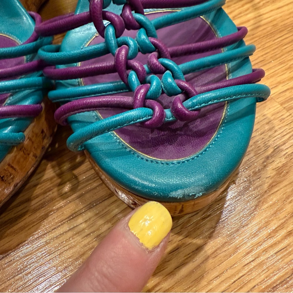 Salvatore Ferragamo‎ Purple and Teal Braided Lacquer Cork Wedge Sandals 8.5 C - Picture 11 of 11